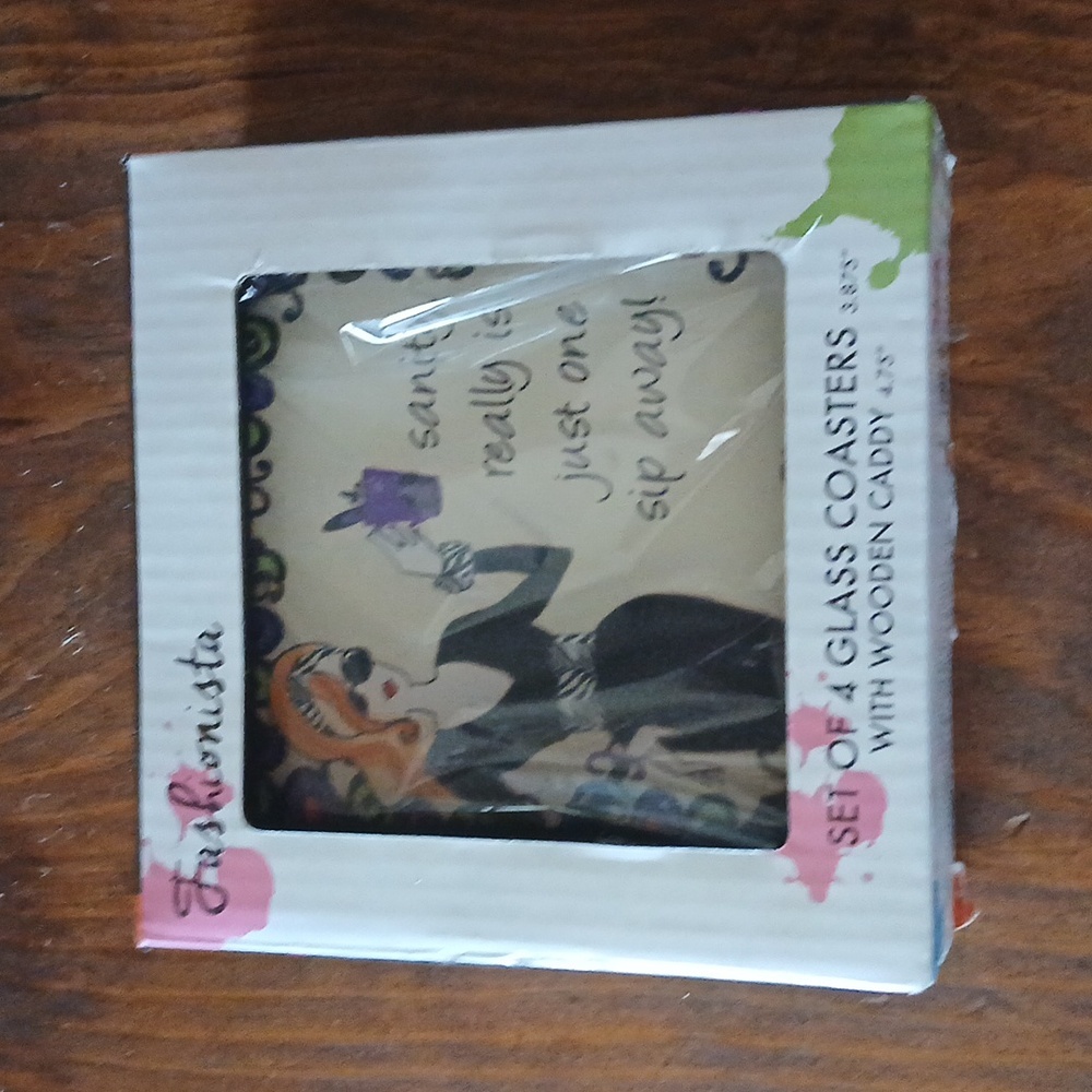 Fashionista Glass Coasters with Wooden Caddy NIB